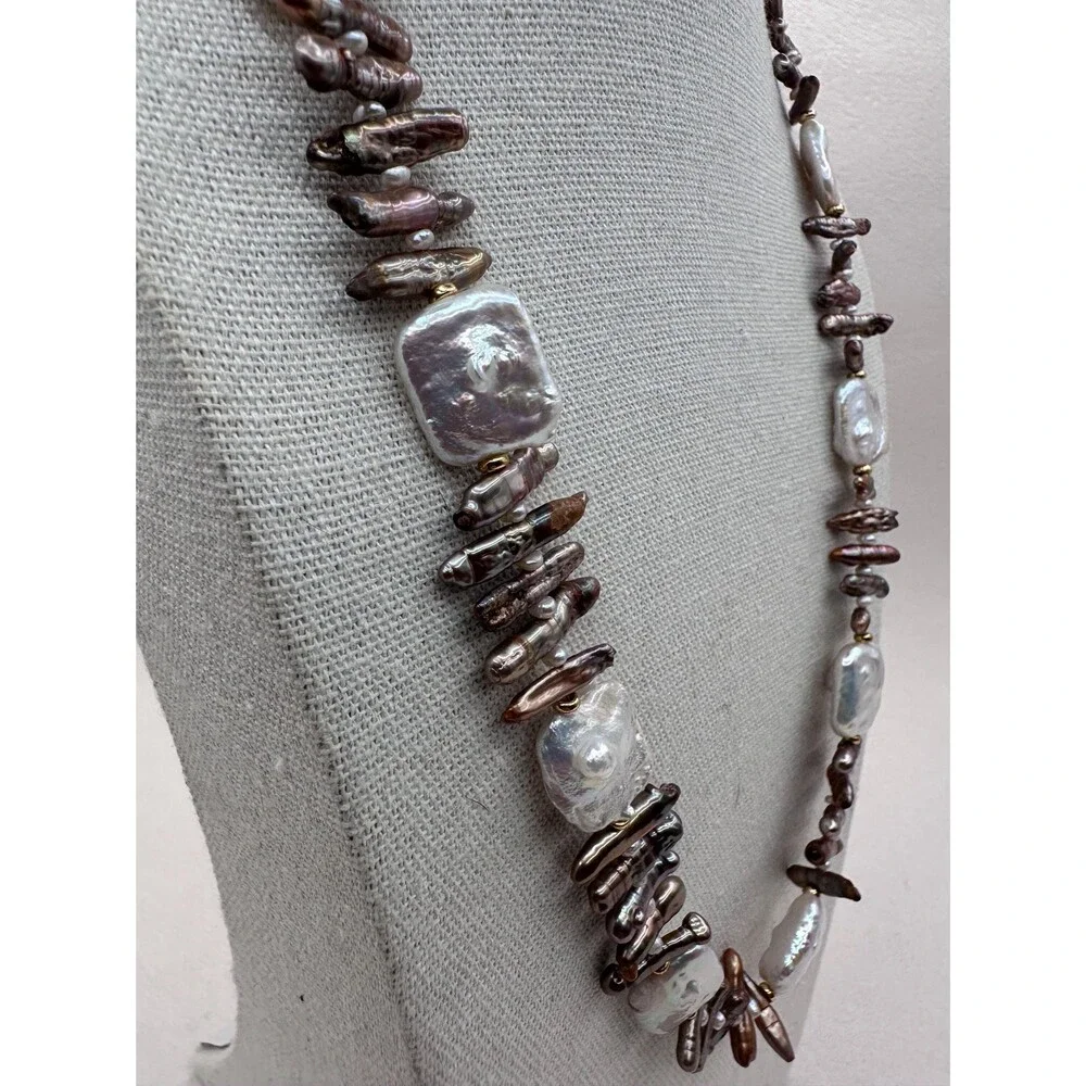 Handmade Freshwater Pearl Necklace: Biwa Stick and Square White Pearls